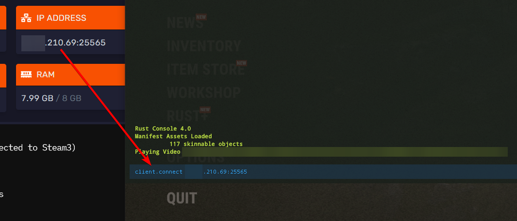 Console showing connect command